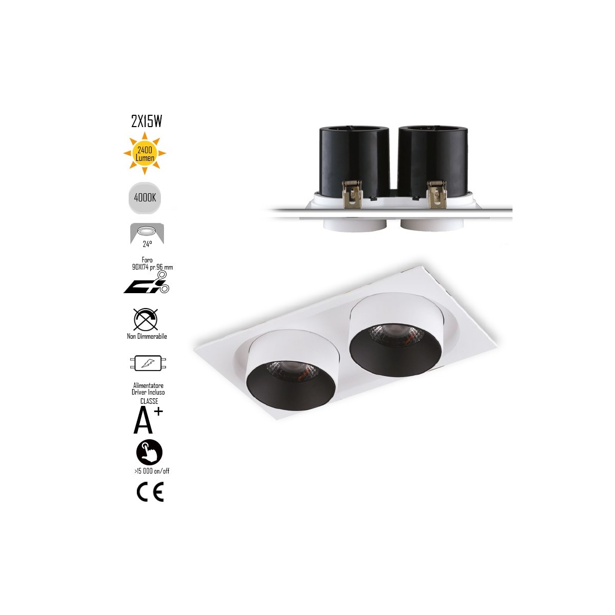 Lampada da incasso orientabile bianco e interno nero LED COB 4000K2x15W