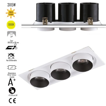 Lampada da incasso orientabile bianco e interno nero LED COB 3000K3x15W