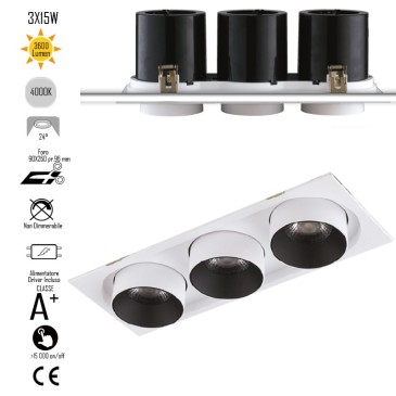 Lampada da incasso orientabile bianco e interno nero LED COB 4000K3x15W