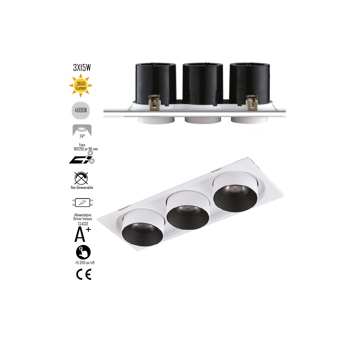 Encastré orientable OUTSIDER intérieur blanc et noir LED COB 4000K3x15W