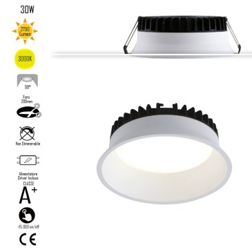 Lampada da incasso tonda in alluminio bianca pressofuso con Led  SMD integrato 3000K- 2700Lm30W