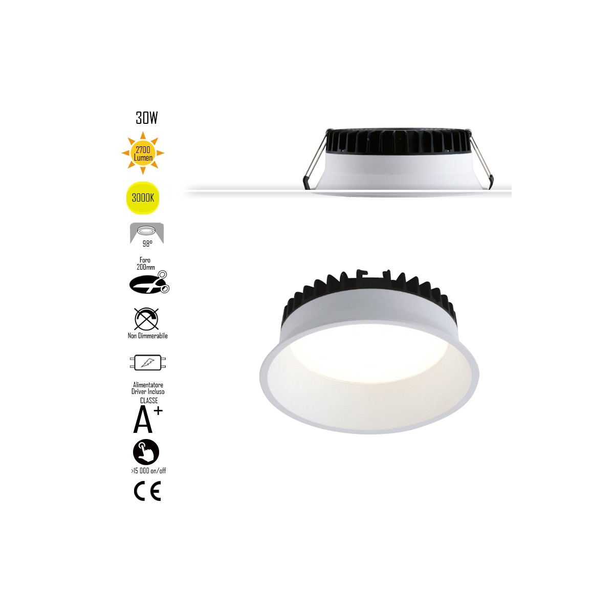 Lampada da incasso tonda in alluminio bianca pressofuso con Led  SMD integrato 3000K- 2700Lm30W