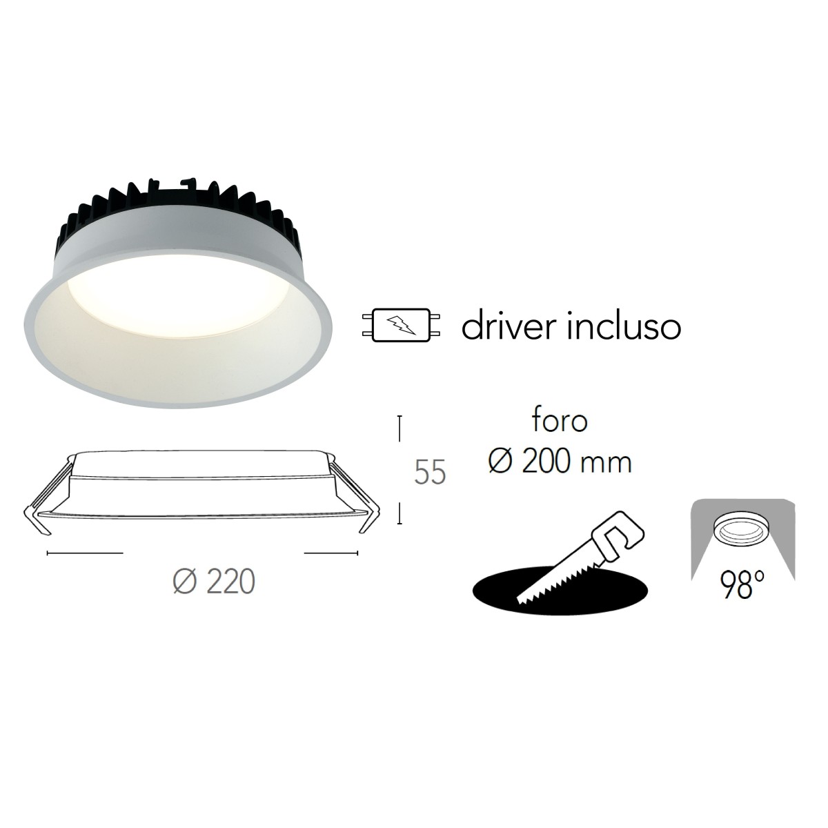 Lampada da incasso tonda in alluminio bianca pressofuso con Led  SMD integrato 3000K- 2700Lm30W