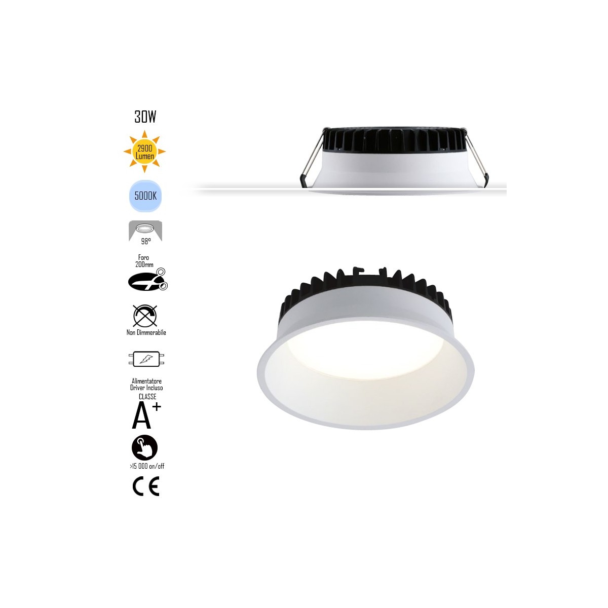 Lampada da incasso tonda in alluminio bianca pressofuso con Led  SMD integrato 5000K- 2900Lm30W