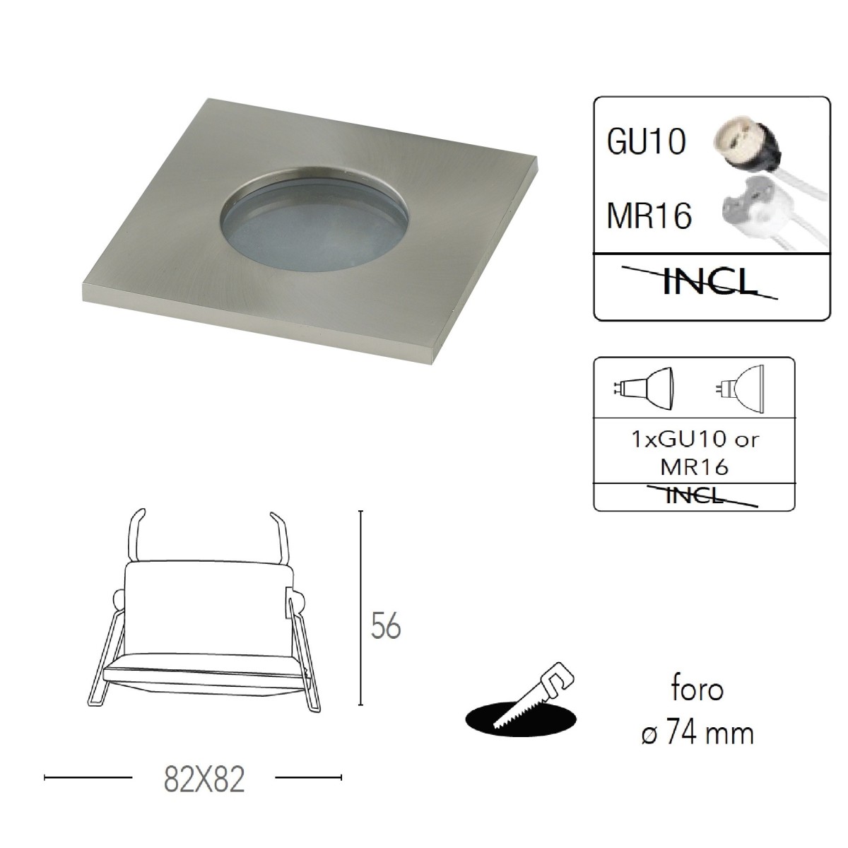 INC-VIPER-Q-NIK Struttura da incasso VIPER per lampada GU10 quadra fissa Nickel IP65 82x82 mm