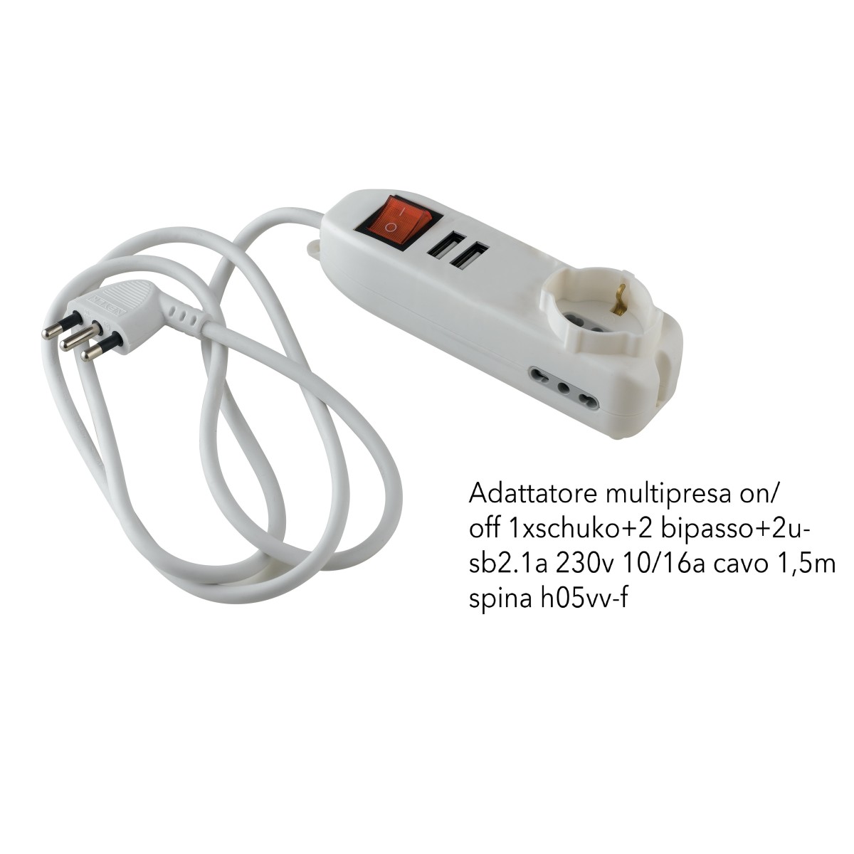 I-POWER-SC-BP2-USB2 Adattotore multipresa con interruttore on/off 1 schuko 2 bipasso 2 usb2,1a 230V 10/16a cavo 1,5m spina h05vv