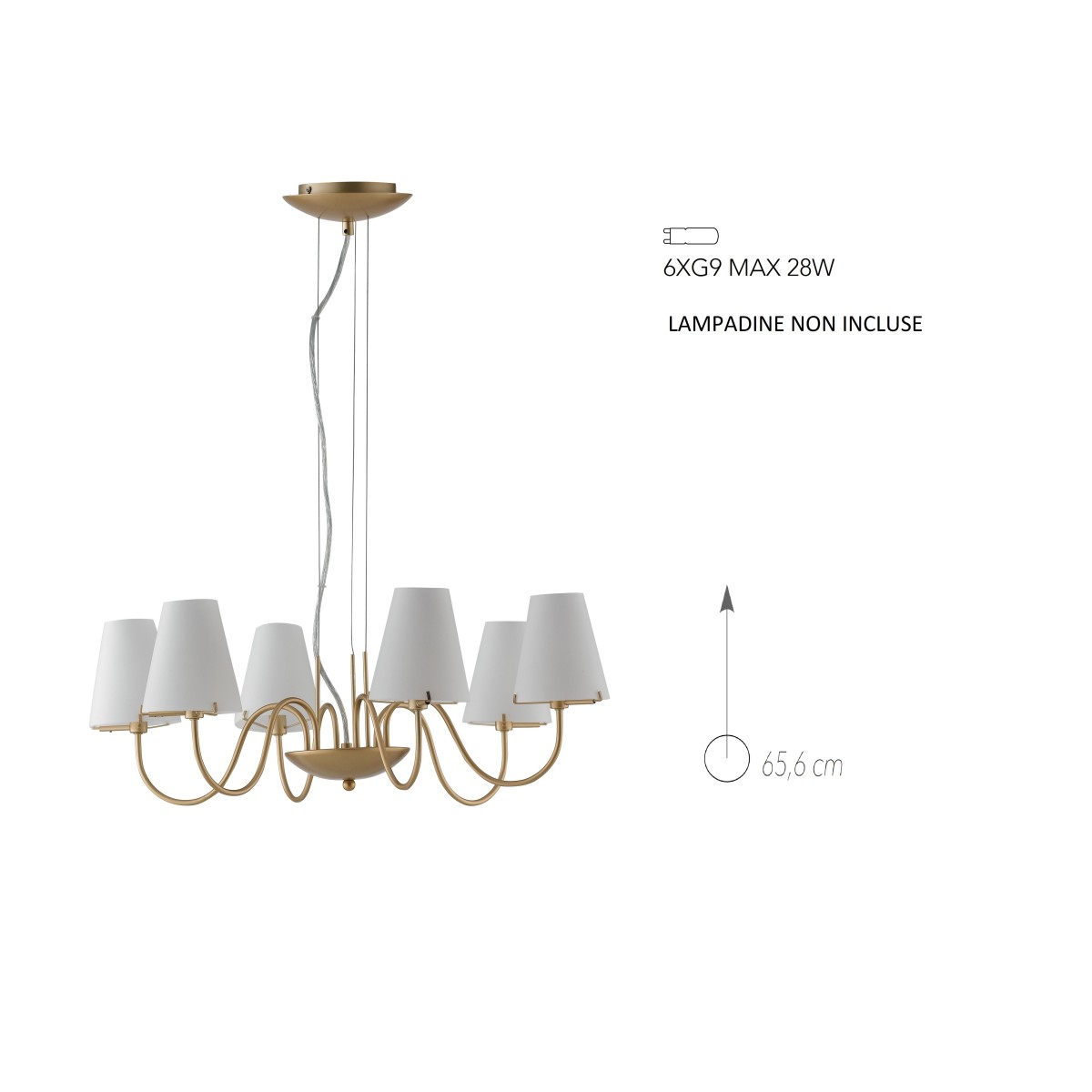 Lampadario a soffitto Canto design classico in metallo oro e diffusori in  vetro bianco 6 lampadine