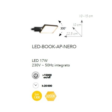 LED-BOOK-AP-NERO - Applique Orientabile Alluminio Lampada Libro Nera Led 17 watt Luce Calda