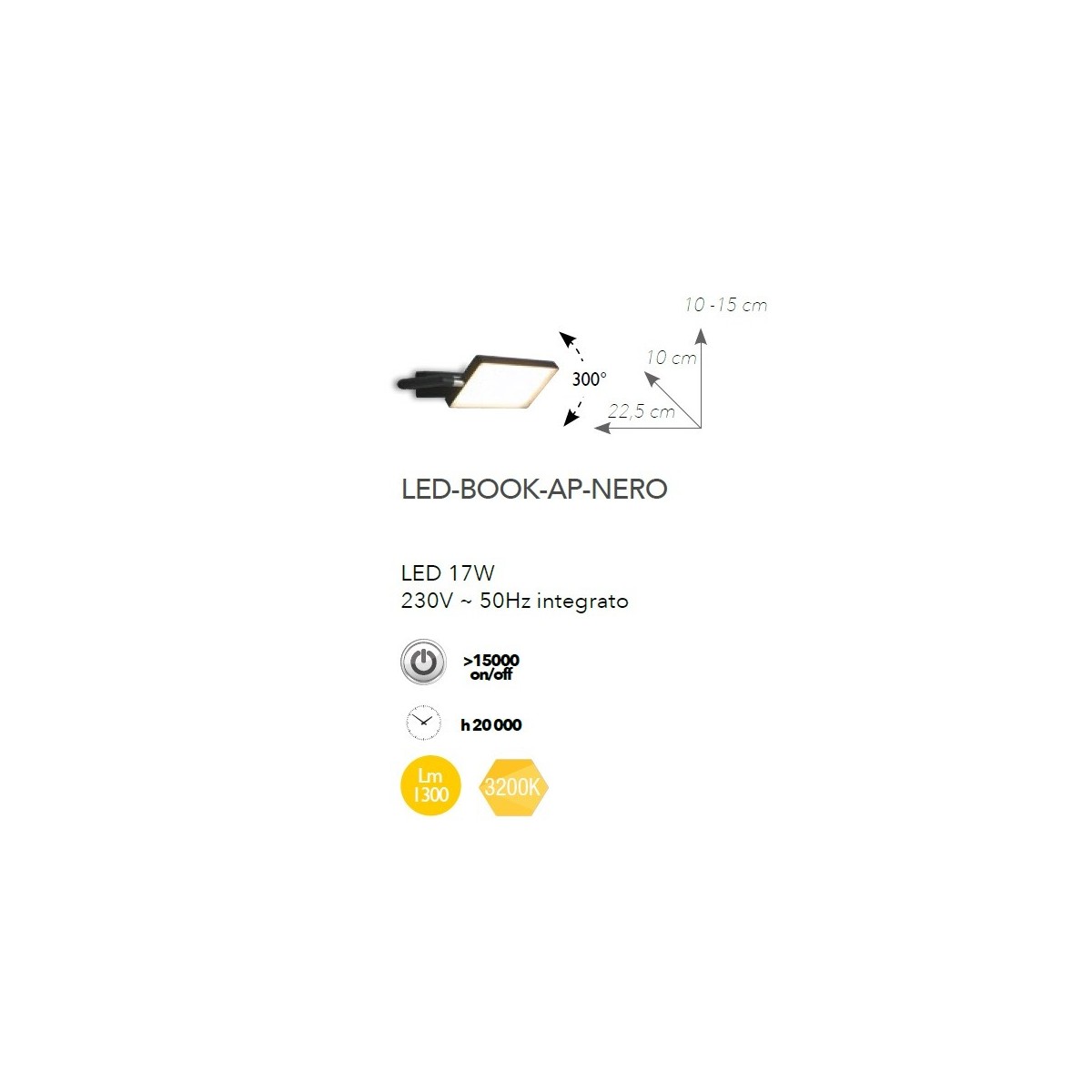 LED-BOOK-AP-NERO - Applique Orientabile Alluminio Lampada Libro Nera Led 17 watt Luce Calda