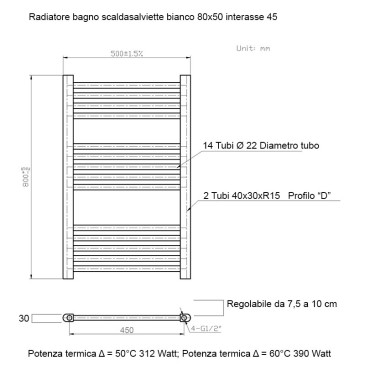 Termoarredo scaldasalviette 800x500 bianco interasse 450 mm