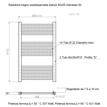 Termoarredo scaldasalviette 800x500 bianco interasse 450 mm