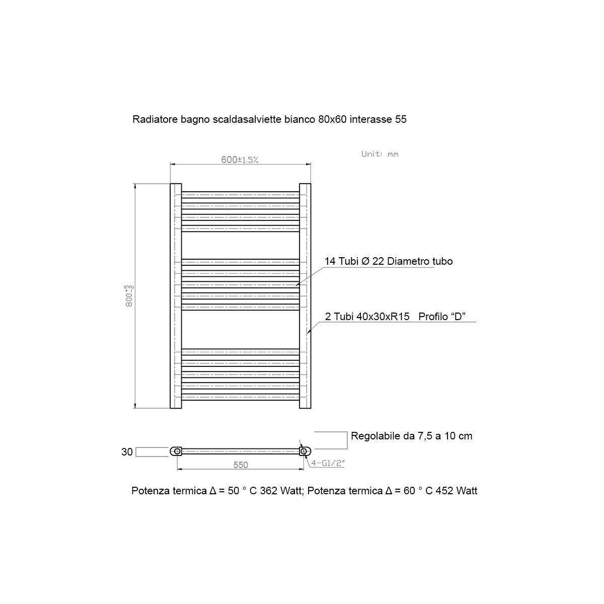 Termoarredo scaldasalviette 800x500 bianco interasse 450 mm