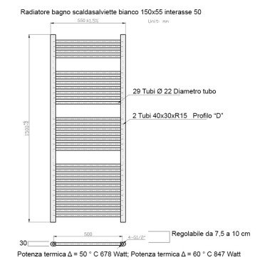 Termoarredo scaldasalviette 1500x550 bianco interasse 500 mm