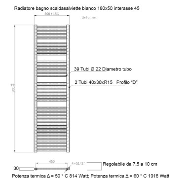 Termoarredo scaldasalviette 800x500 bianco interasse 450 mm