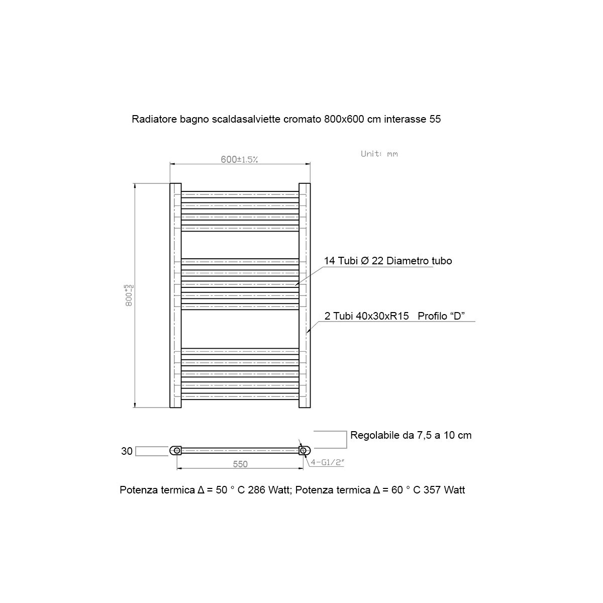 Termoarredo scaldasalviette 800x600 Cromato interasse 550 mm