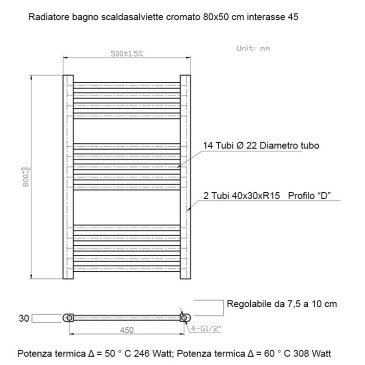 Termoarredo scaldasalviette 800x500 Cromato interasse 450 mm