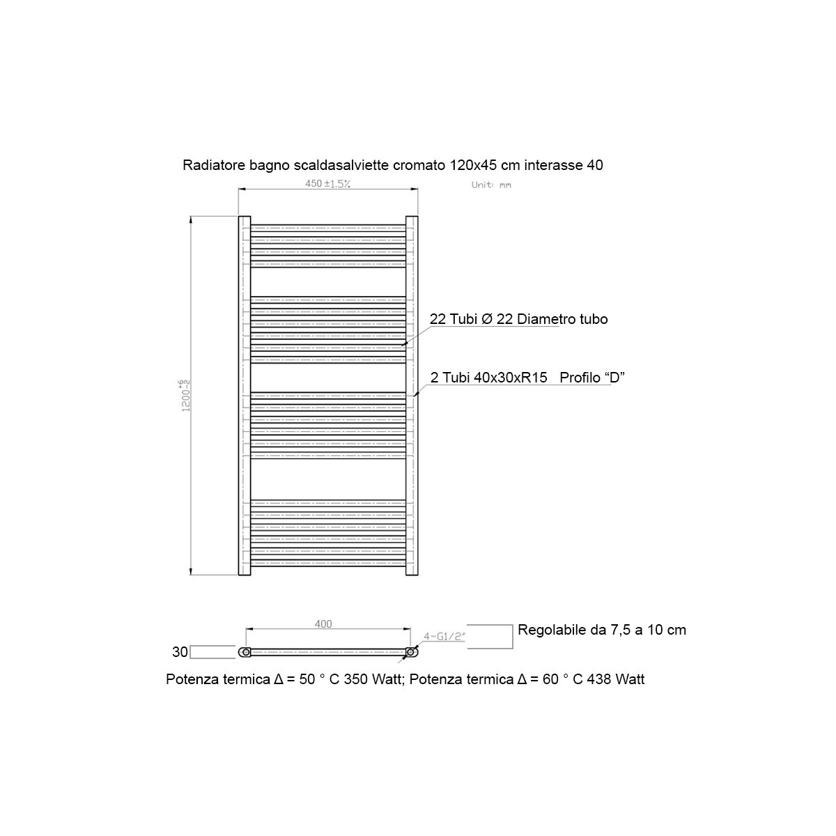 Termoarredo scaldasalviette 120x450 bianco interasse 400 mm