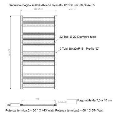 Termoarredo scaldasalviette 1200x600 Cromato interasse 550 mm