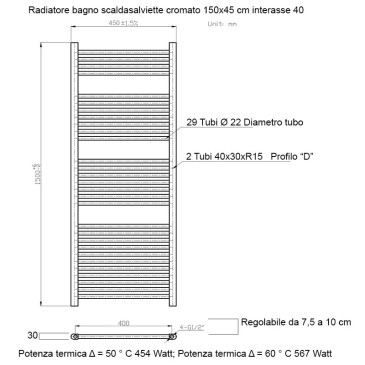 Termoarredo scaldasalviette 1500x450 cromato interasse 400 mm