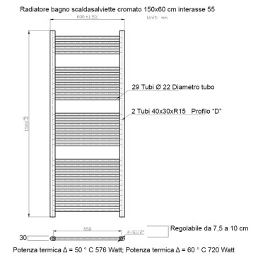 Termoarredo scaldasalviette 1500x550 cromato interasse 500 mm