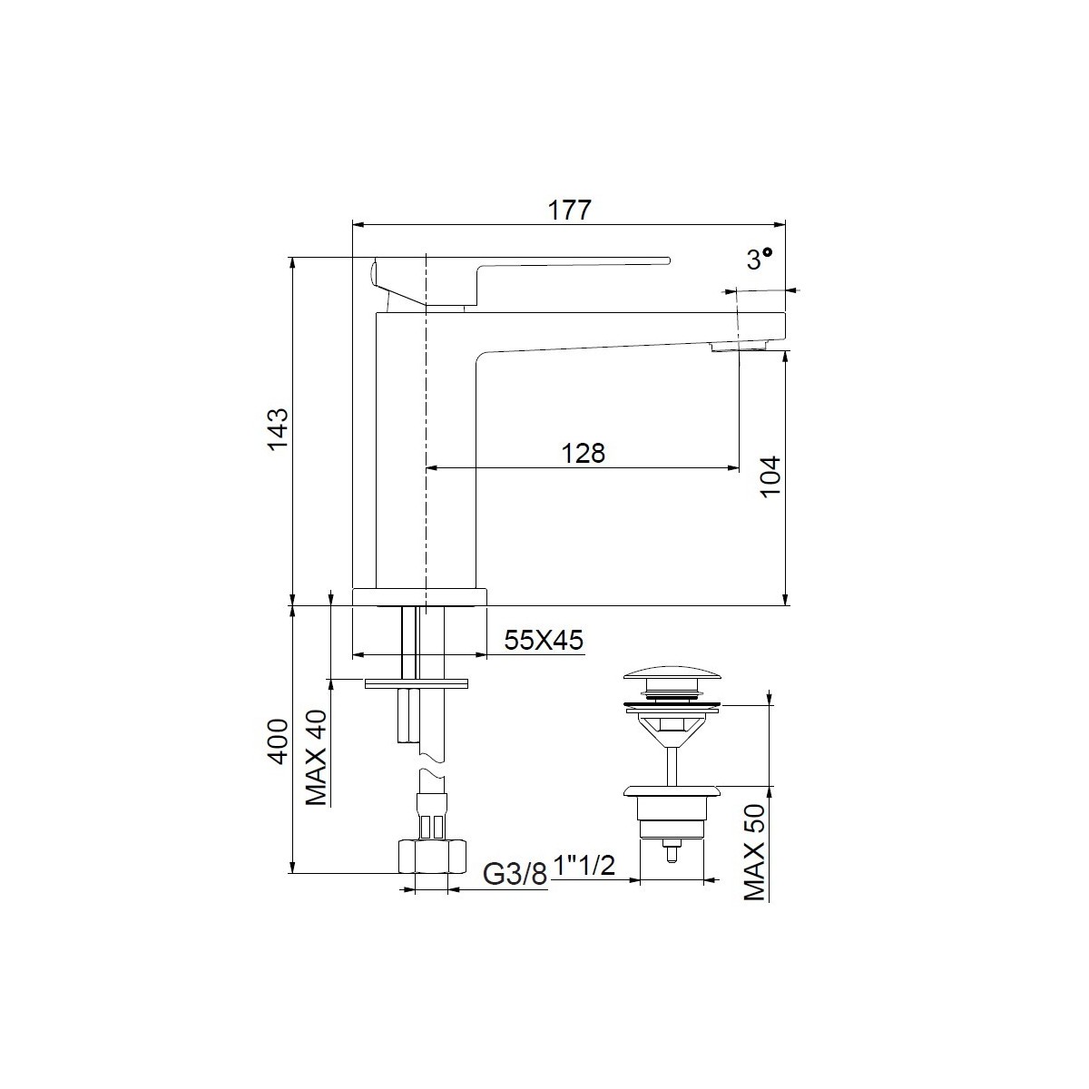 Rubinetto Lavabo Cromato Quadrato Scarico Clic-Clac | kubo